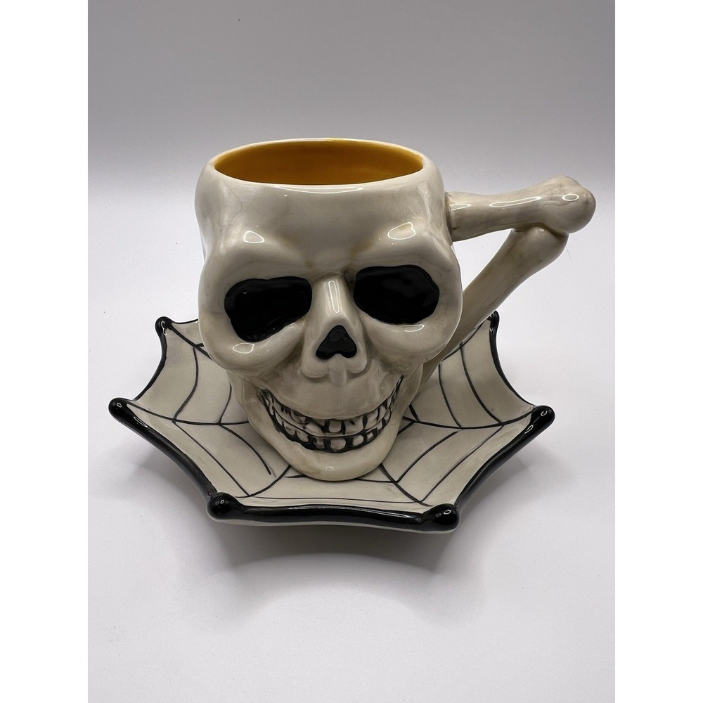 Blue Sky Ceramic Skull Mug with spider web plate. Heather Goldmine.